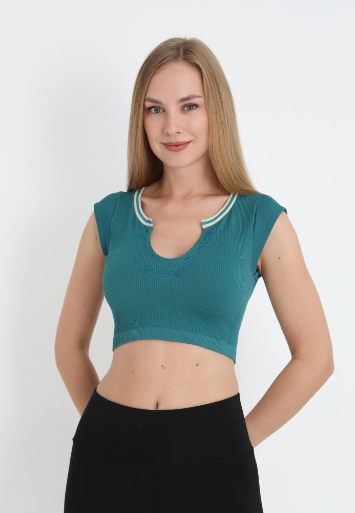 Crop Tricou Damă cu Mânecă Scurtă ,Culoarea Verde, Engros